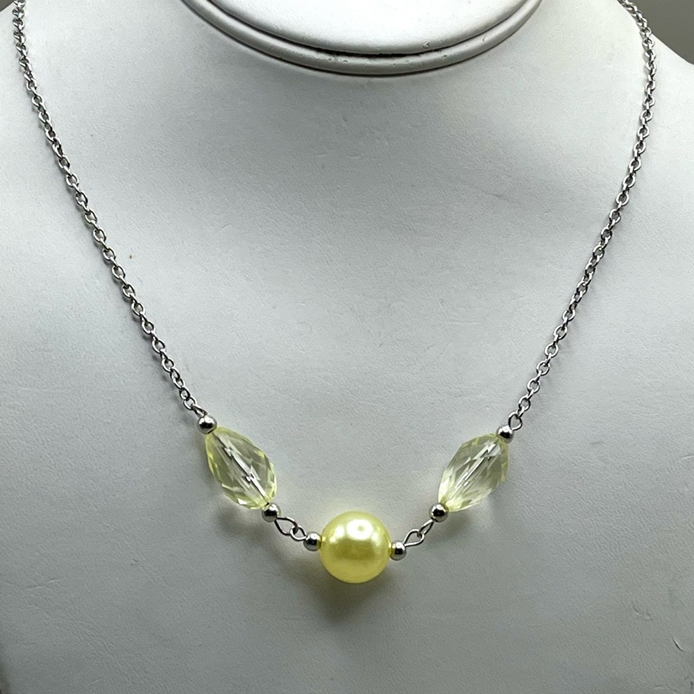 Dainty Silver Tone Chain Necklace with Pale Yellow Pearl & Crystal Beads - Picture 3 of 4